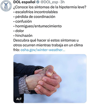¿Conoce los síntomas de la hipotermia leve? - escalofríos incontrolables, pérdida de coordinación, confusión, hormigueo/entumecimiento, dolor, hinchazón - Descubra qué hacer si estos síntomas u otros ocurren mientras trabaja en un clima frío: https://www.osha.gov/winter-weather/cold-stress