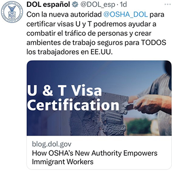 Con la nueva autoridad @OSHA_DOL para certificar visas U y T podremos ayudar a combatir el tráfico de personas y crear ambientes de trabajo seguros para TODOS los trabajadores en EE.UU.