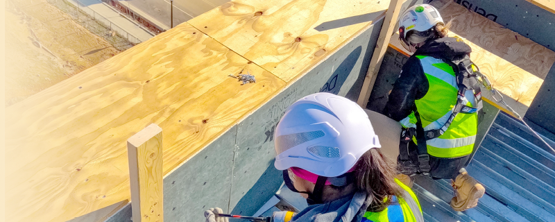 Workers in harnesses, working on a roof at a construction site
