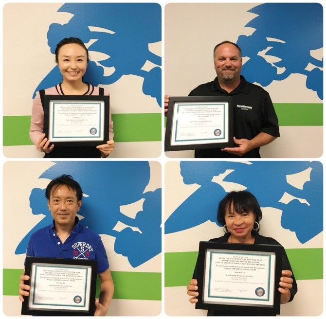 Sega Sammy Creations USA management holding SHARP certificate.  Upper left and clockwise:  Aiko Hatano, Chris Perez, Chana Johnson, and Naoki Kameda